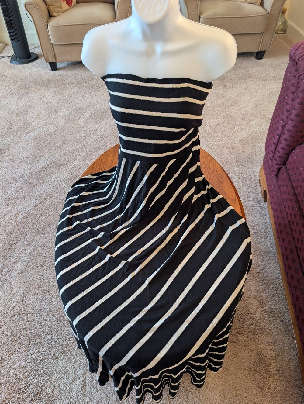 Black and White Striped Strapless Convertible Midi Dress, Size L